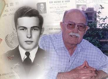 a black and white photo of young man and a color photo of the same man much older